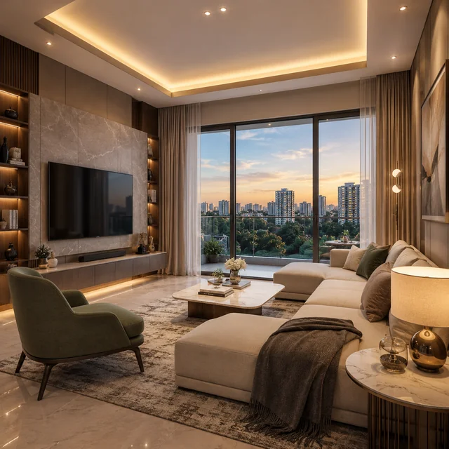 Concorde Hennur 3 BHK living room interior - premium finishing Concorde Hennur 3 BHK living room interior - premium finishing